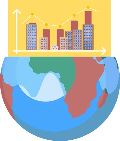 Demi-monde avec graphique ascendant des diagrammes statistiques des bâtiments de la ville  Illustration