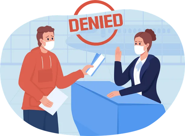 Denied For Travel During Covid 2 D Vector Isolated Illustration People In Face Masks In Airport Flat Characters On Cartoon Background Pandemic Healthcare Precaution Colourful Scene Illustration