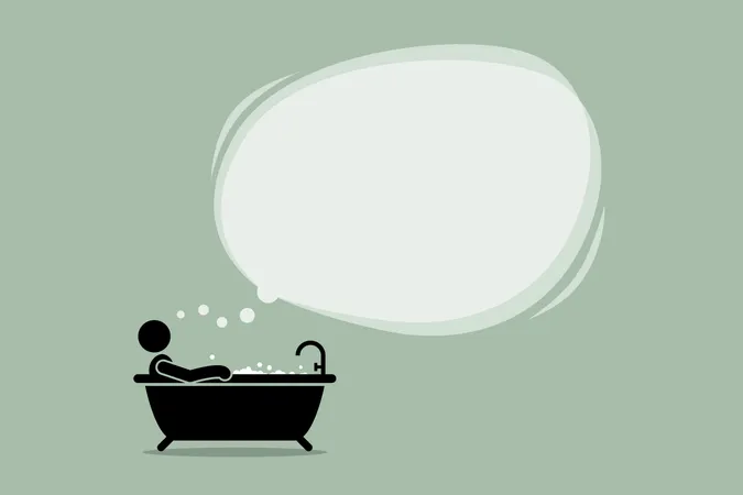 Denkender Mann beim Baden in der Badewanne mit einer großen leeren Seifenblasenwolke  Illustration