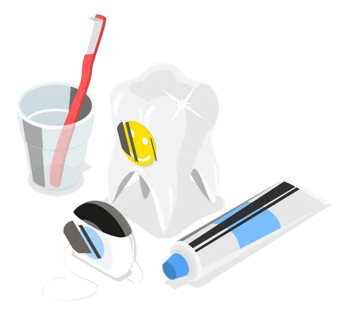 Tooth Care Flat Isometric Vector Big White Tooth With Smiley Face Sticker On It Toothbrush In The Glass Toothpaste And Dental Floss Are Located Together Illustration