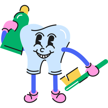 Dental character holding toothpaste in one hand and toothbrush in another  Illustration