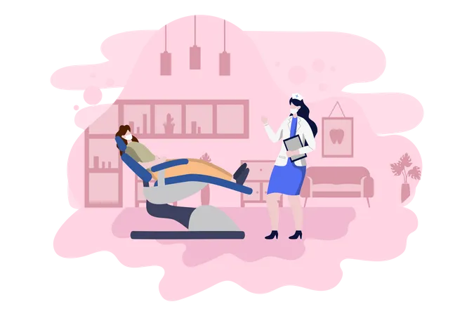 Dental Office Flat Color Illustration Hospital Interior With Workplace Equipment Instruments Consultation Treatment And Diagnosis イラスト