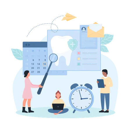 Dental Appointment And Checkup In Hospital Stomatology Vector Illustration Cartoon Tiny Dentists With Medical Tools Check Tooth Schedule And Online Reminder With Calendar For Patient Consultation イラスト
