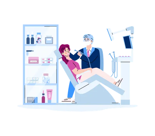 Dental clinic with dentist doctor and female patient on medical chair  Illustration