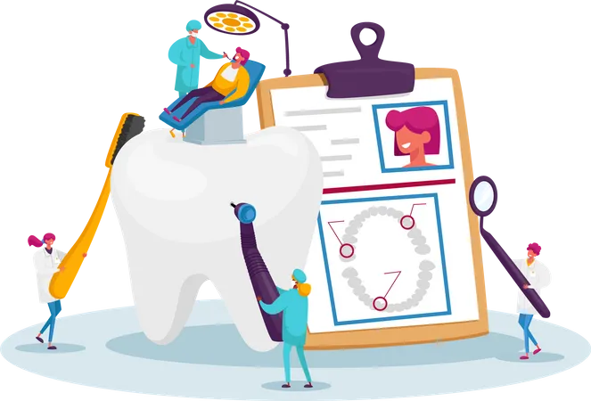Dental Health Care Oral Treatment Program Check Up Concept Tiny Doctor Dentists Characters In Medical Robe Cleaning Drilling And Brushing Huge Tooth Using Tools Cartoon People Vector Illustration Illustration