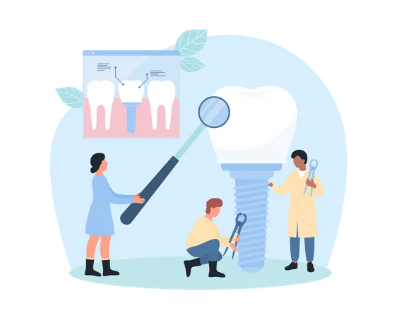 Dental Implant Dentistry Vector Illustration Cartoon Tiny Dentists And Orthodontists With Magnifying Glass Check Tooth Prosthesis With White Crown And Titanium Screw Replacement Procedure In Clinic Illustration