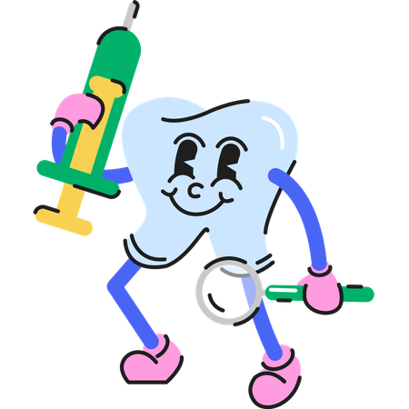 Teeth character standing with syringe and magnifying glass in both hands  Illustration