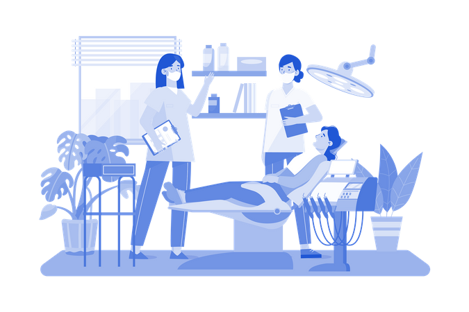 Dentist checking her patient's teeth in clinic  Illustration