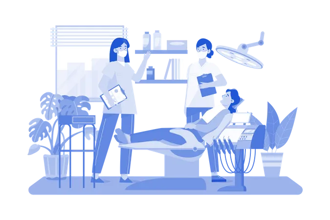 Dentist checking her patient's teeth in clinic  Illustration