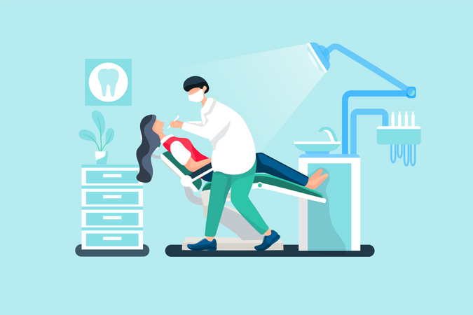 Dentist checking patient teeth in clinic  Illustration