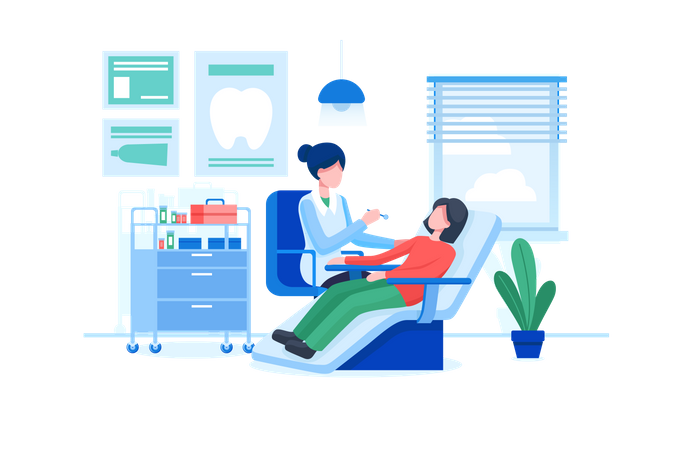 Dentist examining patient in dental clinic  Illustration