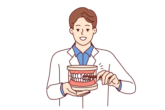 Man Dentist Explaining Rules Of Brushing Teeth Holding Toothbrush And Giant Jaw In Hands Guy Dentist Recommends Observing Hygiene Requirements To Avoid Appearance Of Caries In Mouth Illustration