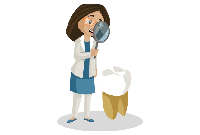 Dentist finding problem in teeth with magnifying glass  Illustration