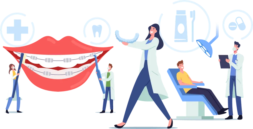 Dentist Characters Install Dental Braces To Patient Orthodontist Treatment Dentistry Concept Equipment Installation For Teeth Alignment Orthodontic Doctors Cartoon People Vector Illustration Illustration