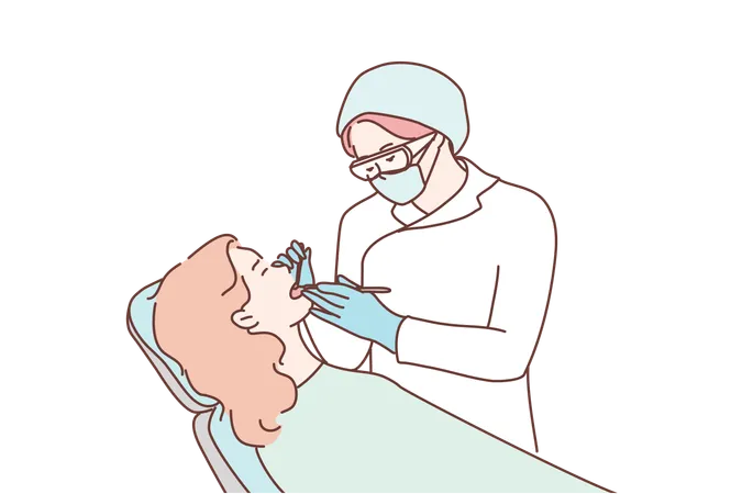 Health Care Medicine Dentistry Concept Young Woman Doctor Dentist Checking Examinates Teeth Of Patient In Special Chair Routine Dental Checkup Procedure Or Toothache Oral Treatment Illustration Illustration