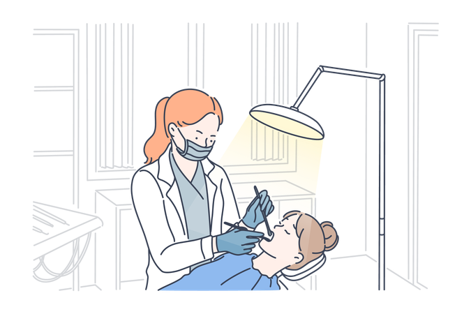 Dentist is examining tooth of patient  Illustration