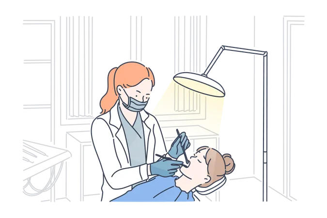 Teeth Examination And Dentistry Checkup Concept Dentist Woman Holding Instruments And Examining Girl Teeth Looking Inside Mouth Patient Lying Down In Dental Chair Illustration