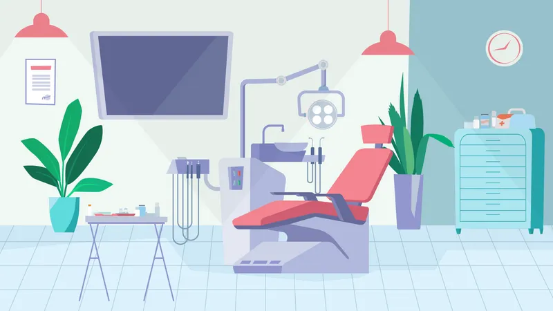 Dentist Office Interior Concept In Flat Cartoon Design Room With Dental Chair Lamp And Medical Instruments Stomatology Treatment Orthodontic Service Vector Illustration Horizontal Background Illustration