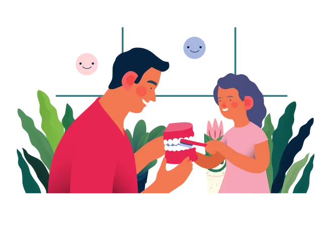 Dentist teaching a child patient to brush teeth jaw model  Illustration