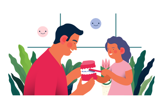 Dentist teaching a child patient to brush teeth jaw model  Illustration