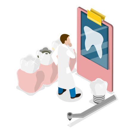 Dentista revisando la radiografía del diente  Ilustración