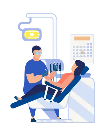 Dentista con herramientas dentales revisando los dientes  Ilustración