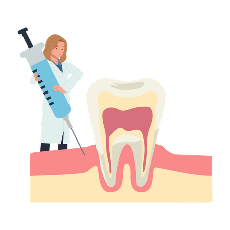 Mujer dentista diente entumecido por inyección dental  Ilustración