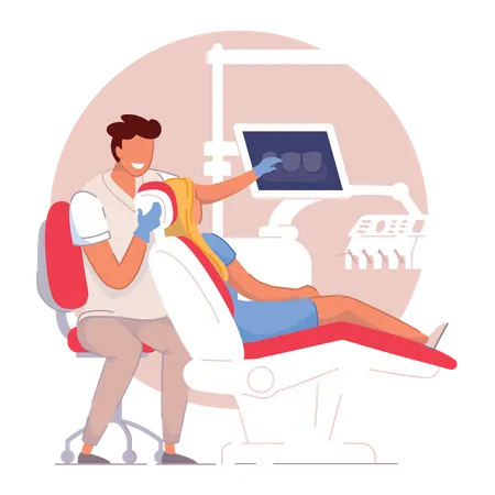 Dentista examinando paciente  Ilustração