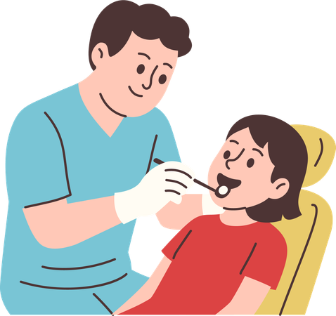 Dentista examinando los dientes de una niña  Ilustración