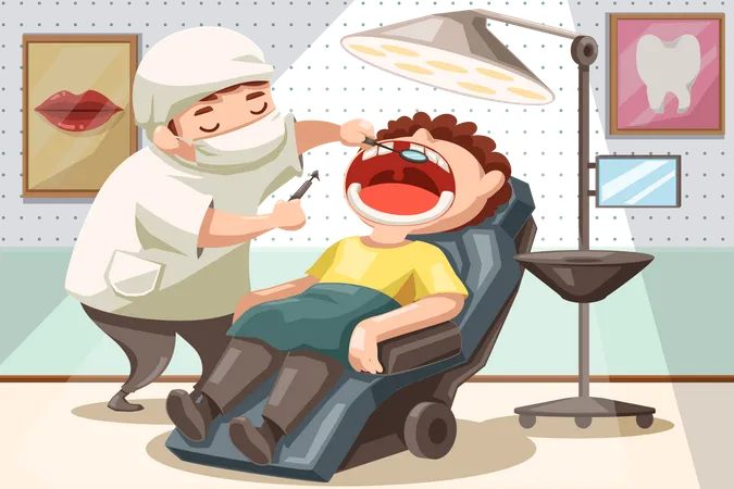 O Dentista Esta Examinando Os Dentes Na Boca Do Paciente Deitado Na Cadeira Odontologica Na Clinica Odontologica Em Personagem De Desenho Animado Ilustracao Vetorial Plana Ilustração