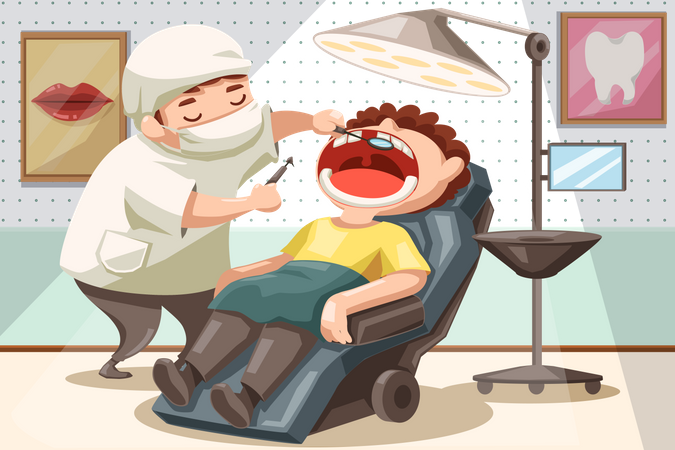 Dentista examinando los dientes de los pacientes  Ilustración