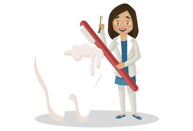 Dentista feminina limpando os dentes com escova de dentes  Ilustração