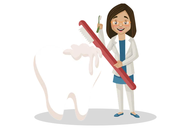 Dentista feminina limpando os dentes com escova de dentes  Ilustração