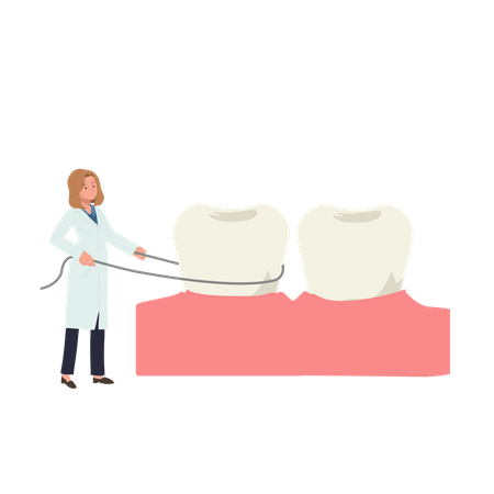 Dentista feminina mostrando como usar fio dental  Ilustração