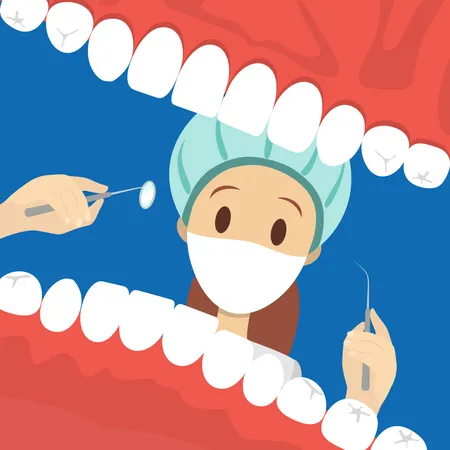 Dentista feminina olhando para a boca do paciente  Ilustração