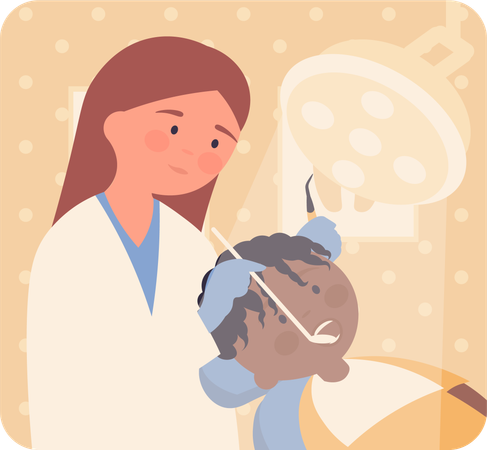 Dentista feminina verificando os dentes do menino  Ilustração