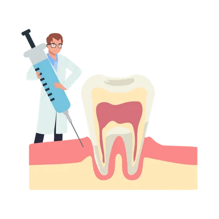 Dentista masculino dente entorpecido por injeção dentária  Ilustração