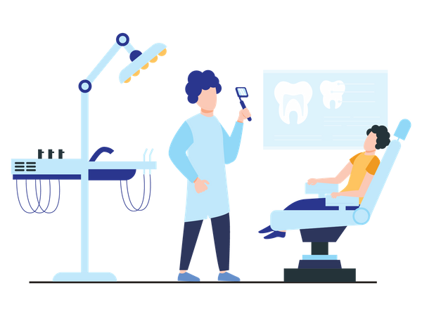 Dentista masculino examina os dentes dos pacientes  Ilustração