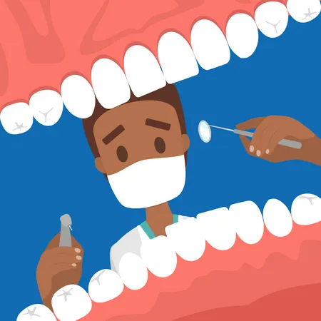 Dentista masculino olhando para a boca do paciente  Ilustração