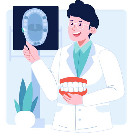 Dentista masculino con informe dental del paciente  Ilustración