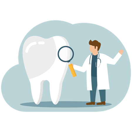 Dentista masculino sosteniendo una lupa mientras realiza una investigación dental  Ilustración