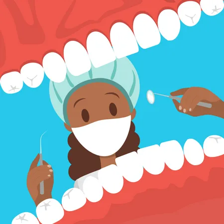 Dentista mirando la boca abierta del paciente  Ilustración