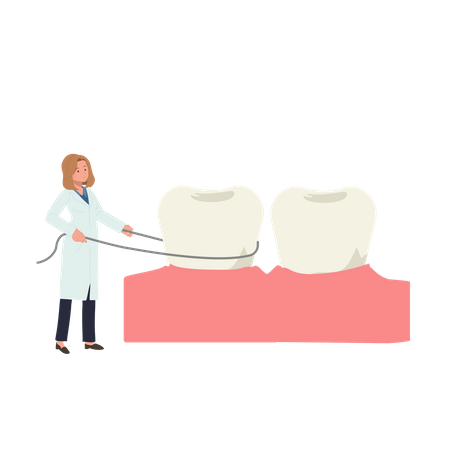 Dentista mostrando cómo usar hilo dental  Ilustración