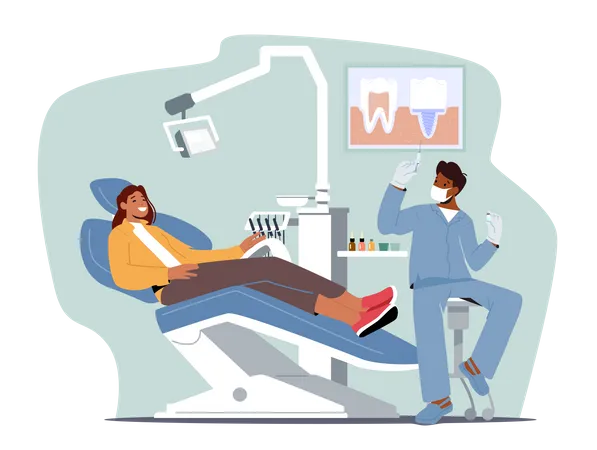 Medico Dentista Personagem Conduzindo Tratamento Medico De Saude Preparar Anestesia Para Paciente Mulher Sentada Em Cadeira Medica Em Gabinete De Estomatologista Com Equipamento Ilustra O Vetorial De Pessoas Dos Desenhos Animados Ilustração