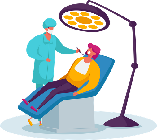 Dentista realizando tratamento de check-up médico de saúde olhando para a cavidade oral do paciente  Ilustração