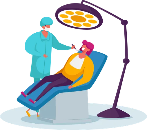 Dentista realizando tratamento de check-up médico de saúde olhando para a cavidade oral do paciente  Ilustração