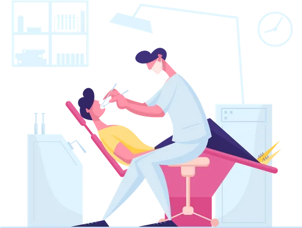 Dentista realizando exame ou tratamento oral do cliente  Ilustração