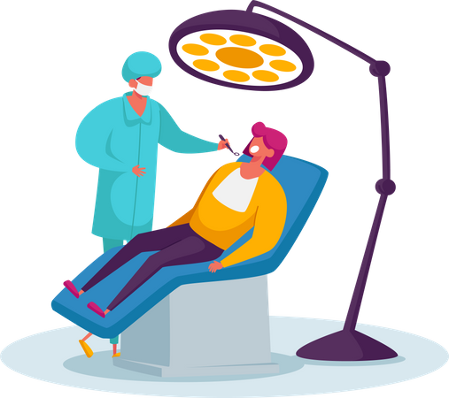 Dentista realizando tratamiento de chequeo médico de salud mirando la cavidad bucal del paciente  Ilustración