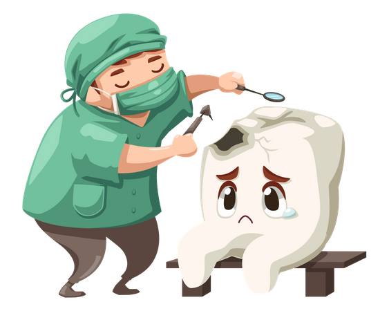 Dentista reparando cárie dentária  Ilustração