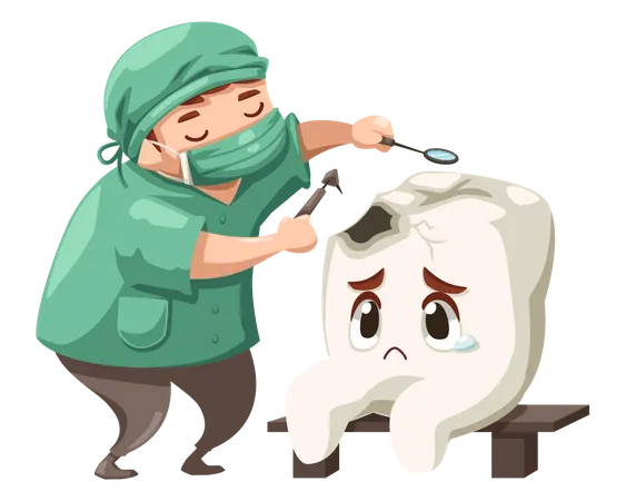 Dentista reparando cárie dentária  Ilustração